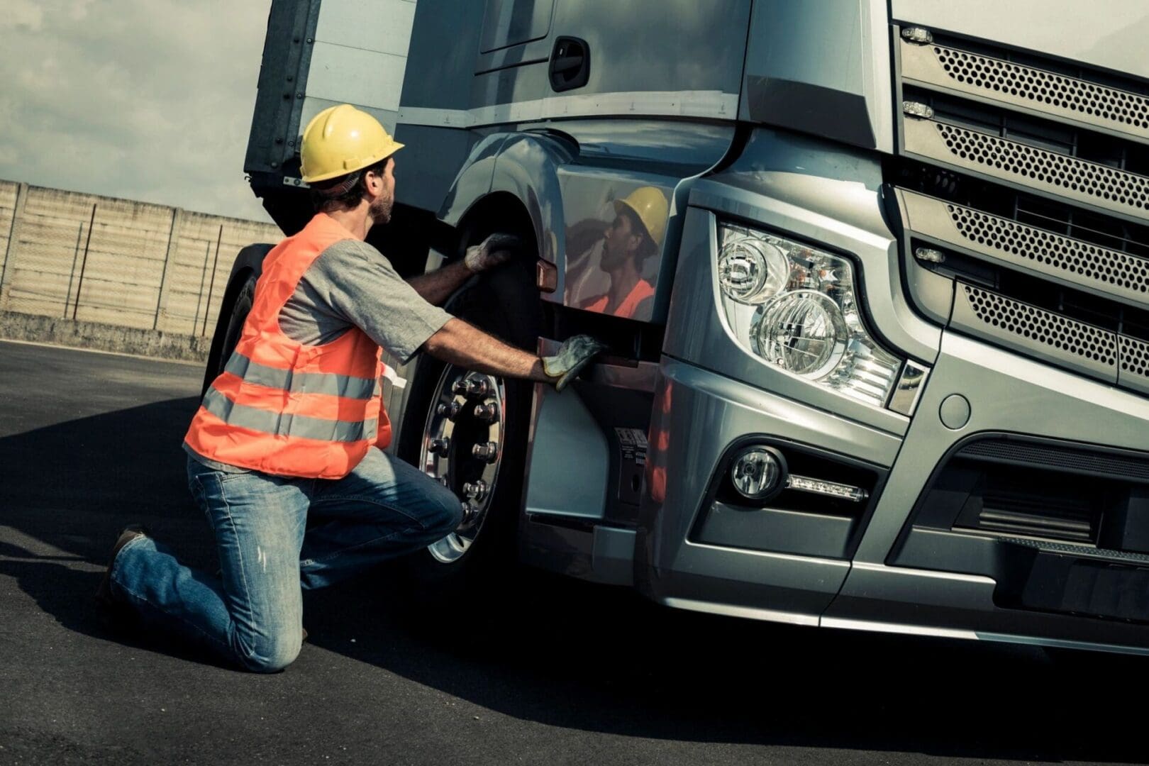 A man in an orange vest is fixing the tire on a truck.