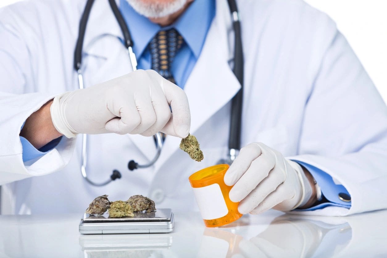 A doctor is putting marijuana buds in a jar.